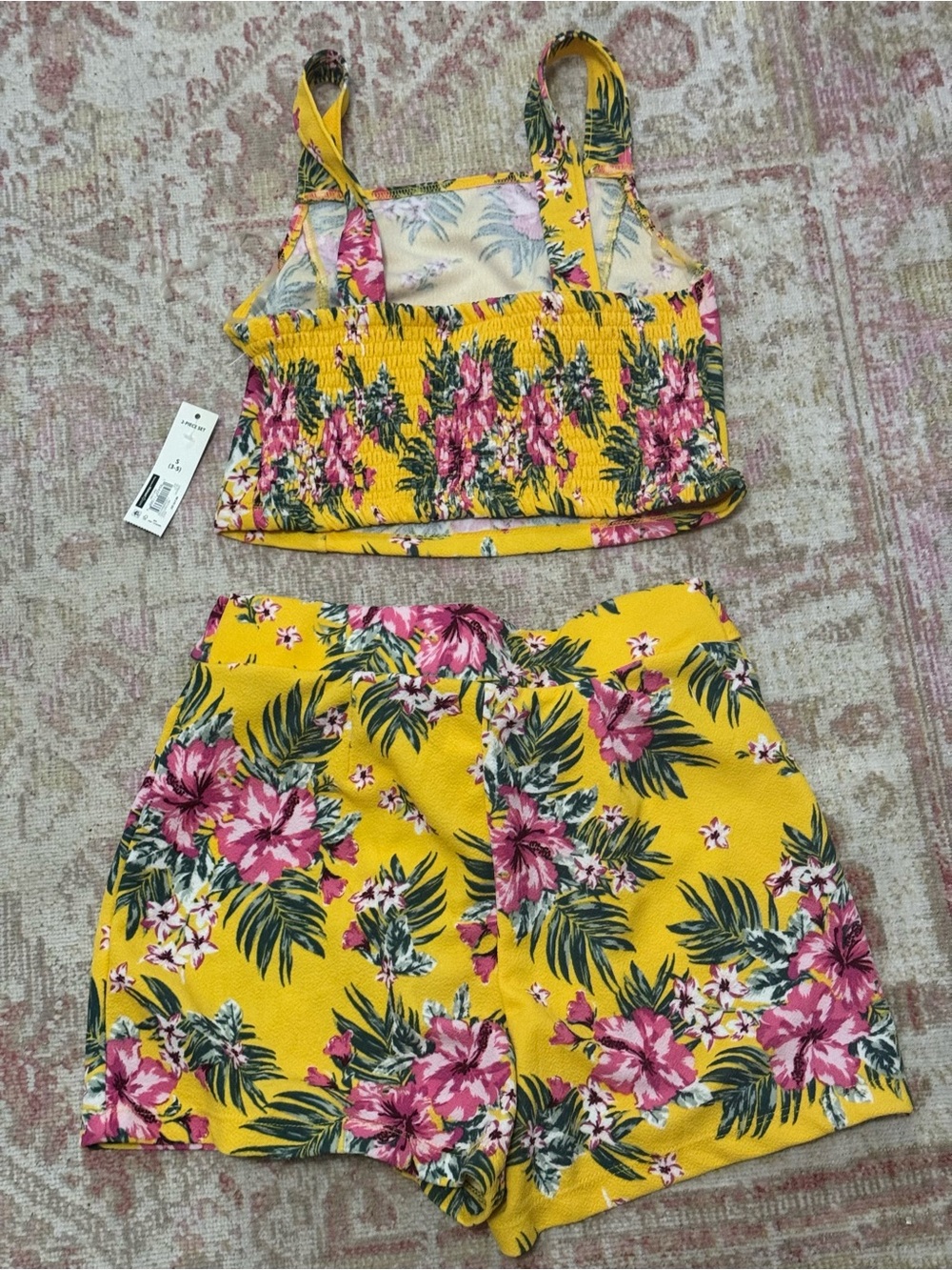No Boundaries Yellow Floral Top & Shorts Set with Pink Accents - Picture 3 of 4